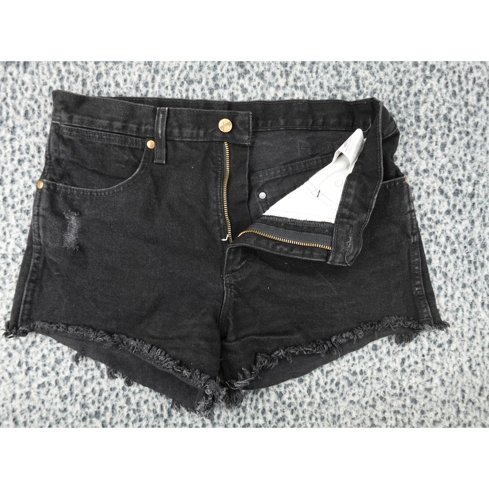 Wrangler 13MWZ Denim Shorts Womens 29 Black Raw Hem Distressed High Rise